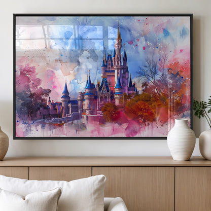 Watercolor canvas of a dreamy Disney-style castle in pastel pink and blue tones, perfect for fairytale or whimsical home decor.