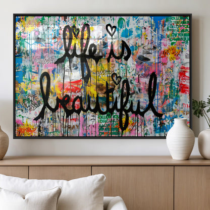 Colorful urban-style canvas with graffiti text “Life is Beautiful” in black paint, ideal for bold or street-themed home decor.