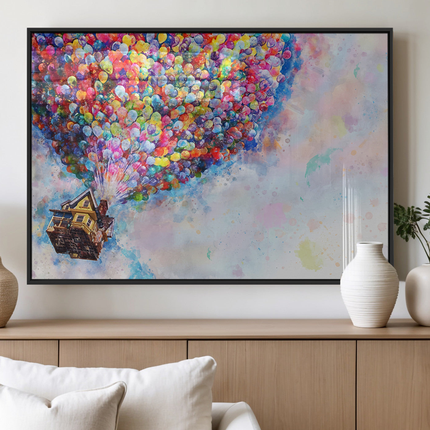 Whimsical canvas of the house from the movie Up flying with colorful balloons, ideal for Pixar or animation-themed decor.
