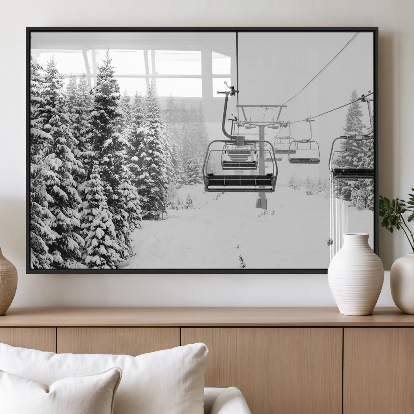 Black and white canvas of empty ski lifts over a snowy pine forest, perfect for minimal winter or ski lodge-inspired decor.