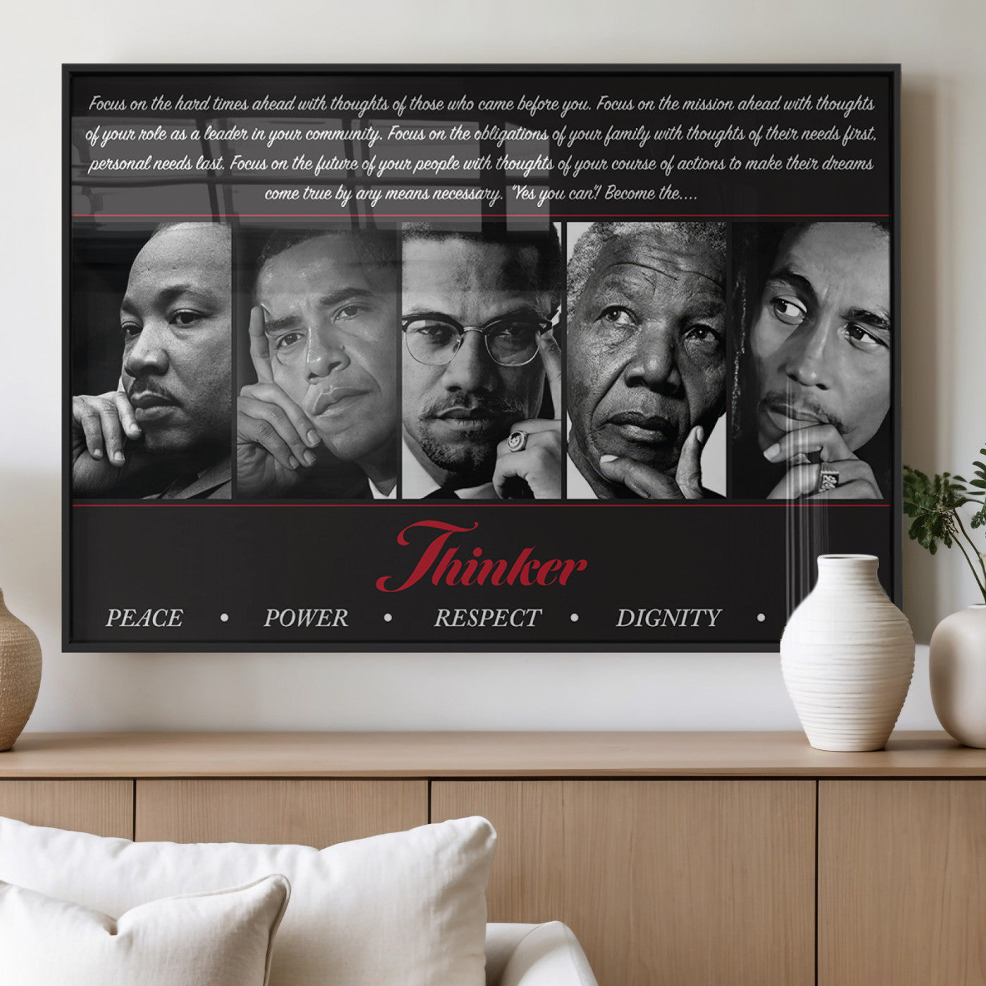 Monochrome canvas of iconic Black leaders with a powerful quote, perfect for modern spaces with a cultural or motivational theme.