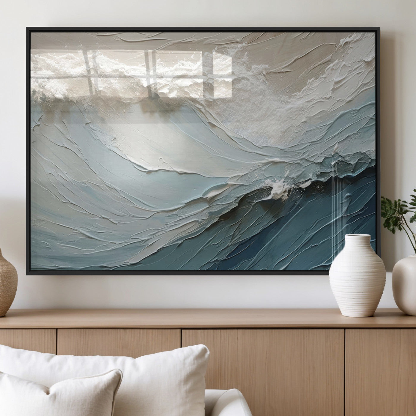 Textured canvas of ocean waves in soft coastal blues and creamy whites, ideal for modern or minimalist coastal-style interiors.