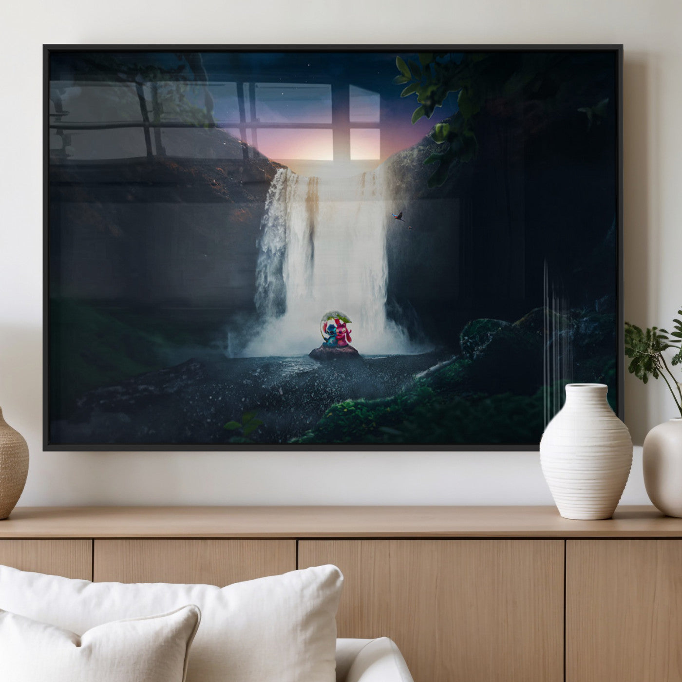 Romantic scene of Stitch and Angel sitting under a leaf in front of a glowing waterfall, ideal for tropical or fantasy-themed decor.