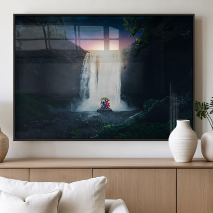 Romantic scene of Stitch and Angel sitting under a leaf in front of a glowing waterfall, ideal for tropical or fantasy-themed decor.