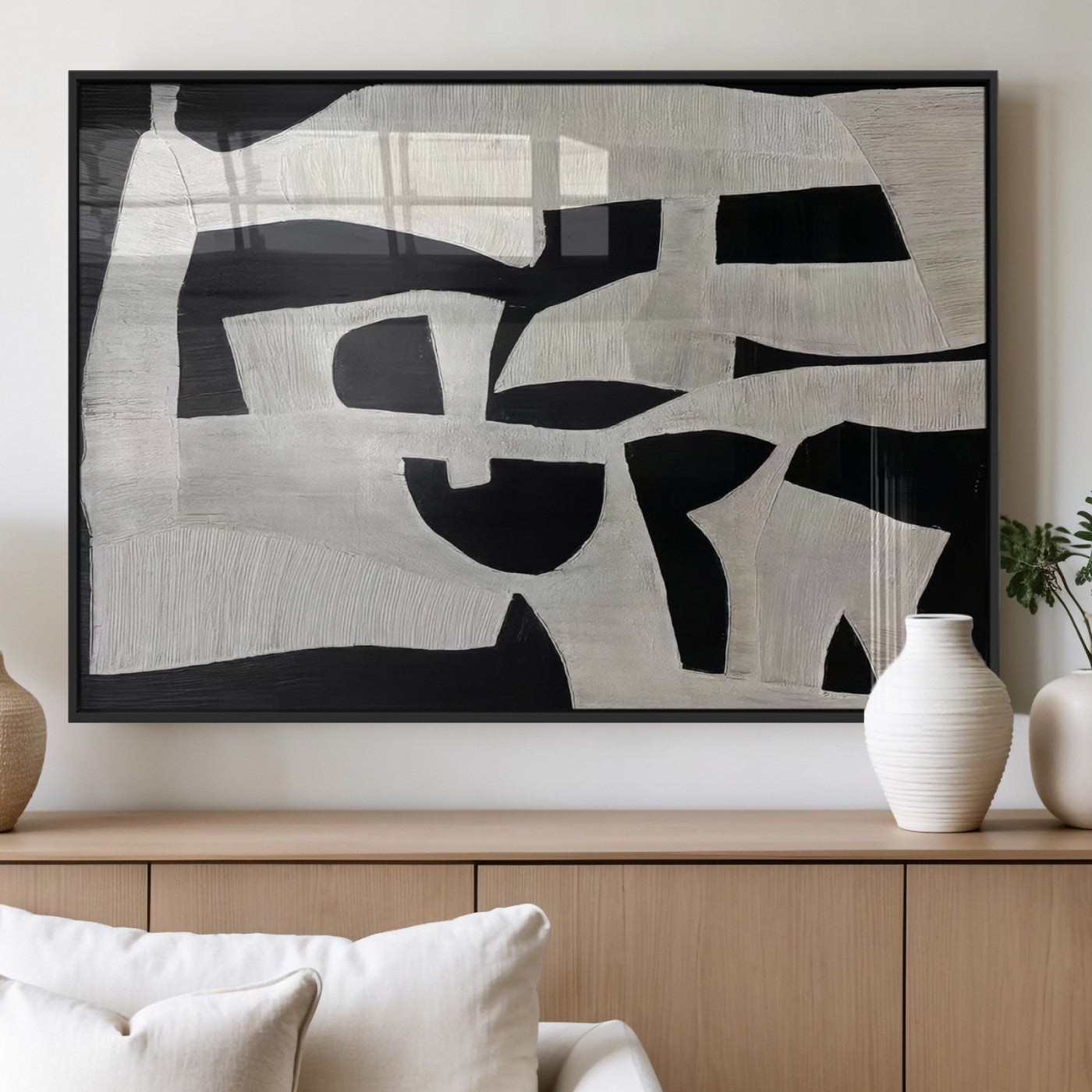 Minimalist black and white canvas featuring bold abstract textures and geometric shapes, ideal for modern neutral decor.