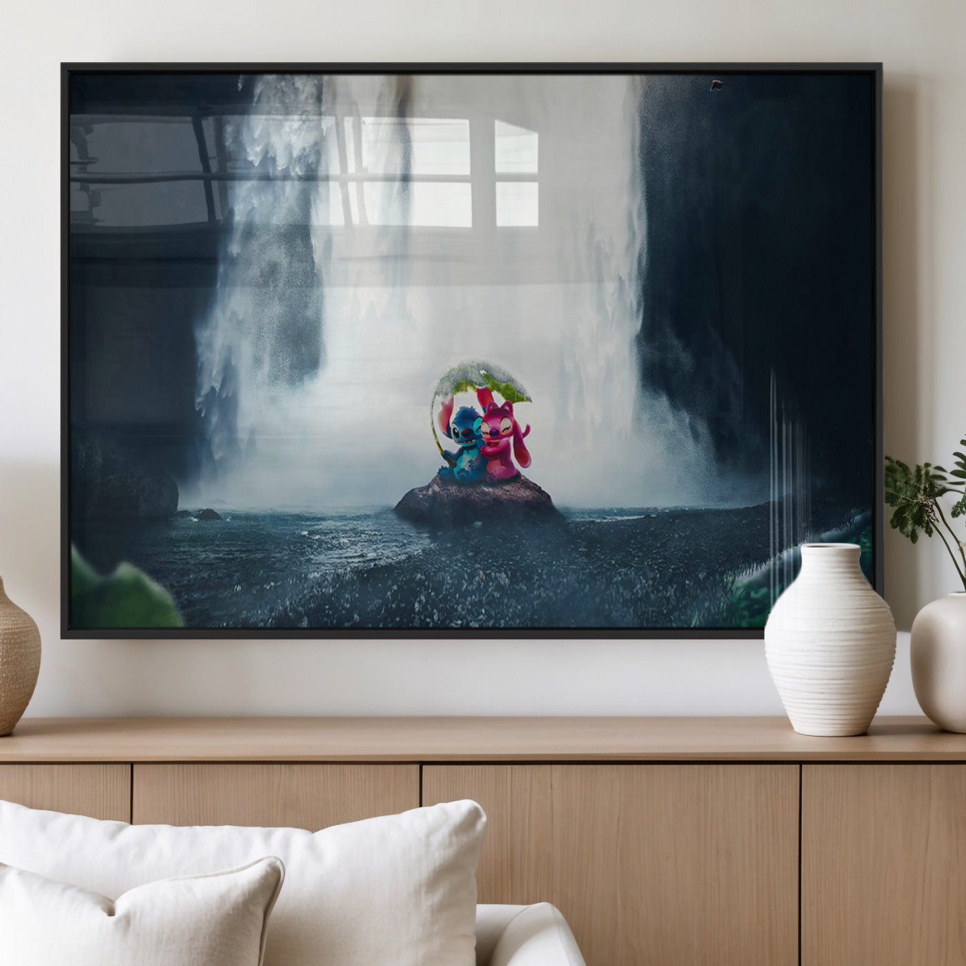 Fantasy canvas of Stitch and Angel under a leaf umbrella in front of a dramatic waterfall, perfect for moody jungle-themed or animated decor.