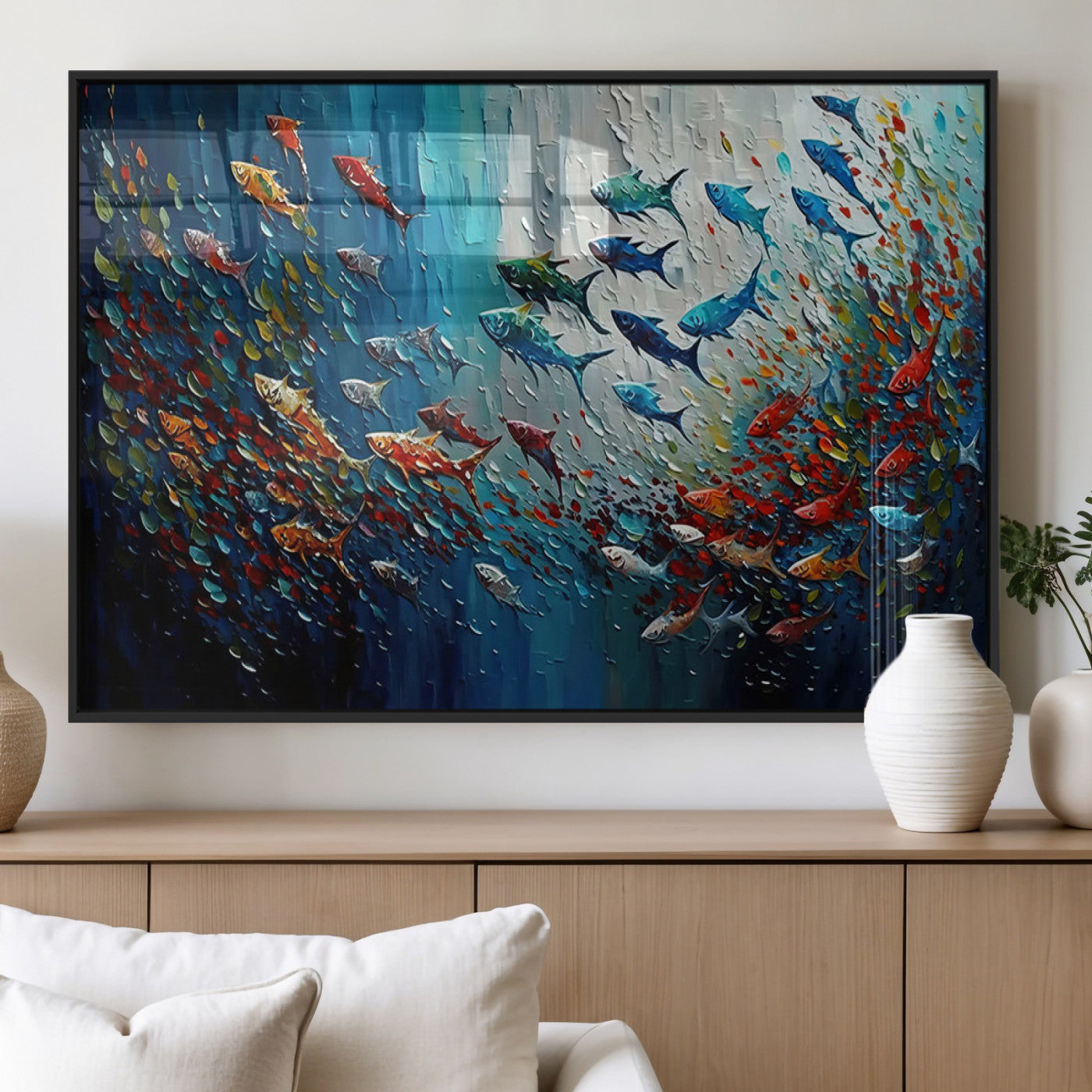 Colorful painting of fish swimming in abstract ocean swirls, perfect for vibrant marine-themed or expressive coastal home decor.