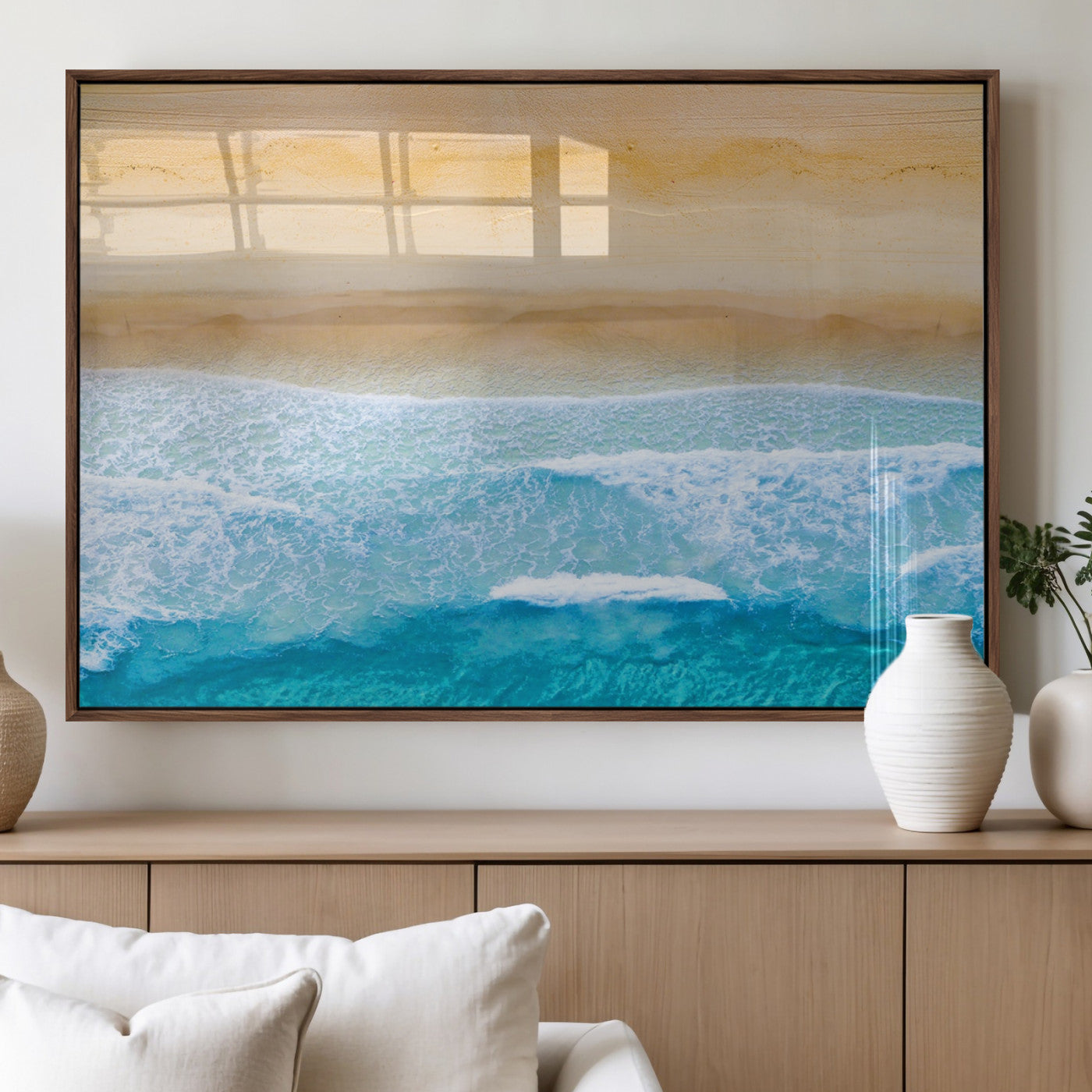 43046-MGV-FP-60X30-3P_Walnut-Aerial Beach Wall Art – Serene Ocean Waves & Sandy Shore Canvas Print, Coastal Home Decor for Living Room, Bedroom or Office