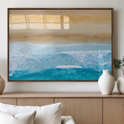 43046-MGV-FP-60X30-3P_Walnut-Aerial Beach Wall Art – Serene Ocean Waves & Sandy Shore Canvas Print, Coastal Home Decor for Living Room, Bedroom or Office