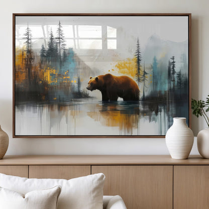 A majestic bear stands by the serene waters of a misty forest, surrounded by towering trees and distant mountains, evoking the raw beauty and wild spirit of nature.