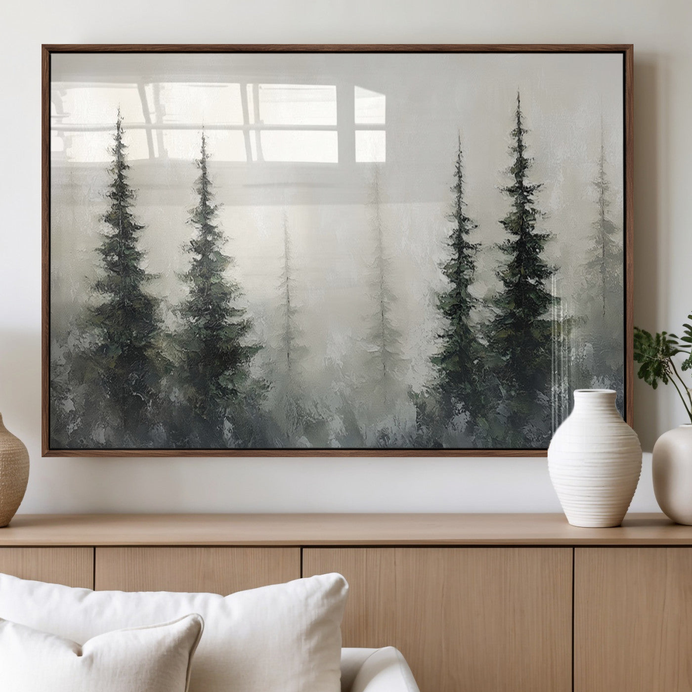 Soft and misty pine forest painting in neutral earthy tones, ideal for calm woodland or minimalist rustic home decor.