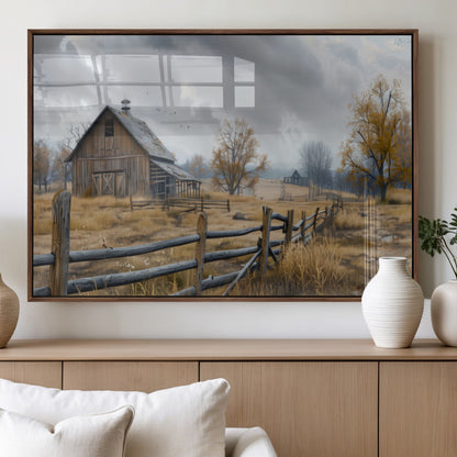 A tranquil rural scene featuring a rustic barn, overcast skies, and golden fields with scattered trees, evoking a sense of peaceful solitude in nature.