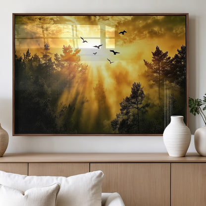 Canvas of a golden forest at sunset with birds flying through glowing sunbeams and silhouetted pine trees, ideal for warm-toned rustic decor.