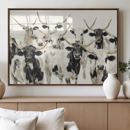 Canvas of a Texas Longhorn cattle herd in neutral black and white tones, ideal for rustic farmhouse or western-themed decor.