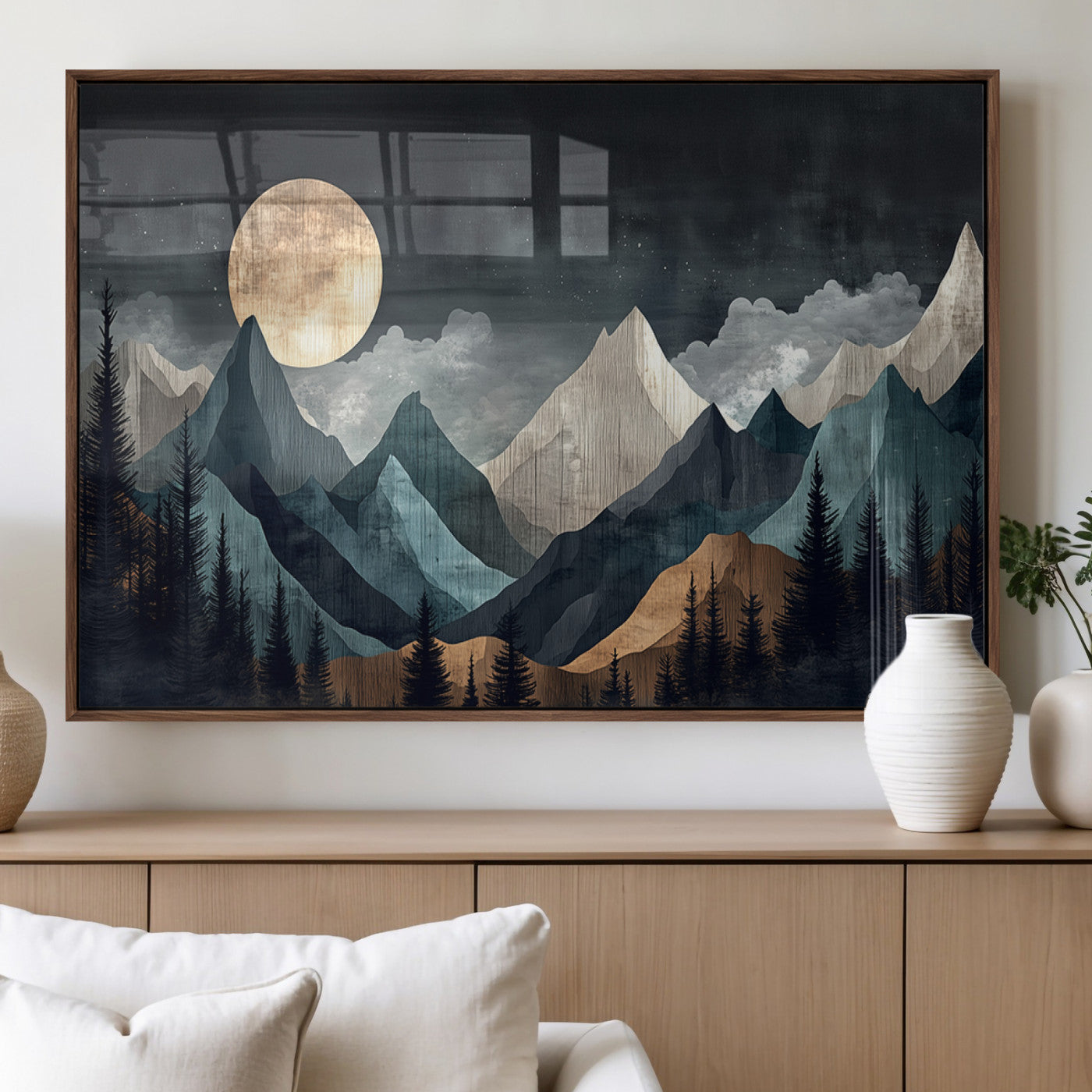 Stylized canvas of layered mountains under a full moon in neutral moody tones, ideal for nature-inspired or modern rustic interiors.