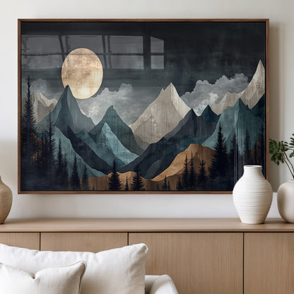 Stylized canvas of layered mountains under a full moon in neutral moody tones, ideal for nature-inspired or modern rustic interiors.