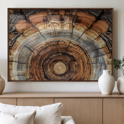 Canvas of tree rings and natural wood grain in earthy tones, ideal for rustic or vintage-inspired home decor with organic textures.