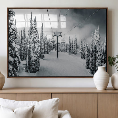 Canvas of a snowy ski lift scene through a forest of tall pine trees, ideal for moody winter or alpine-themed home decor.