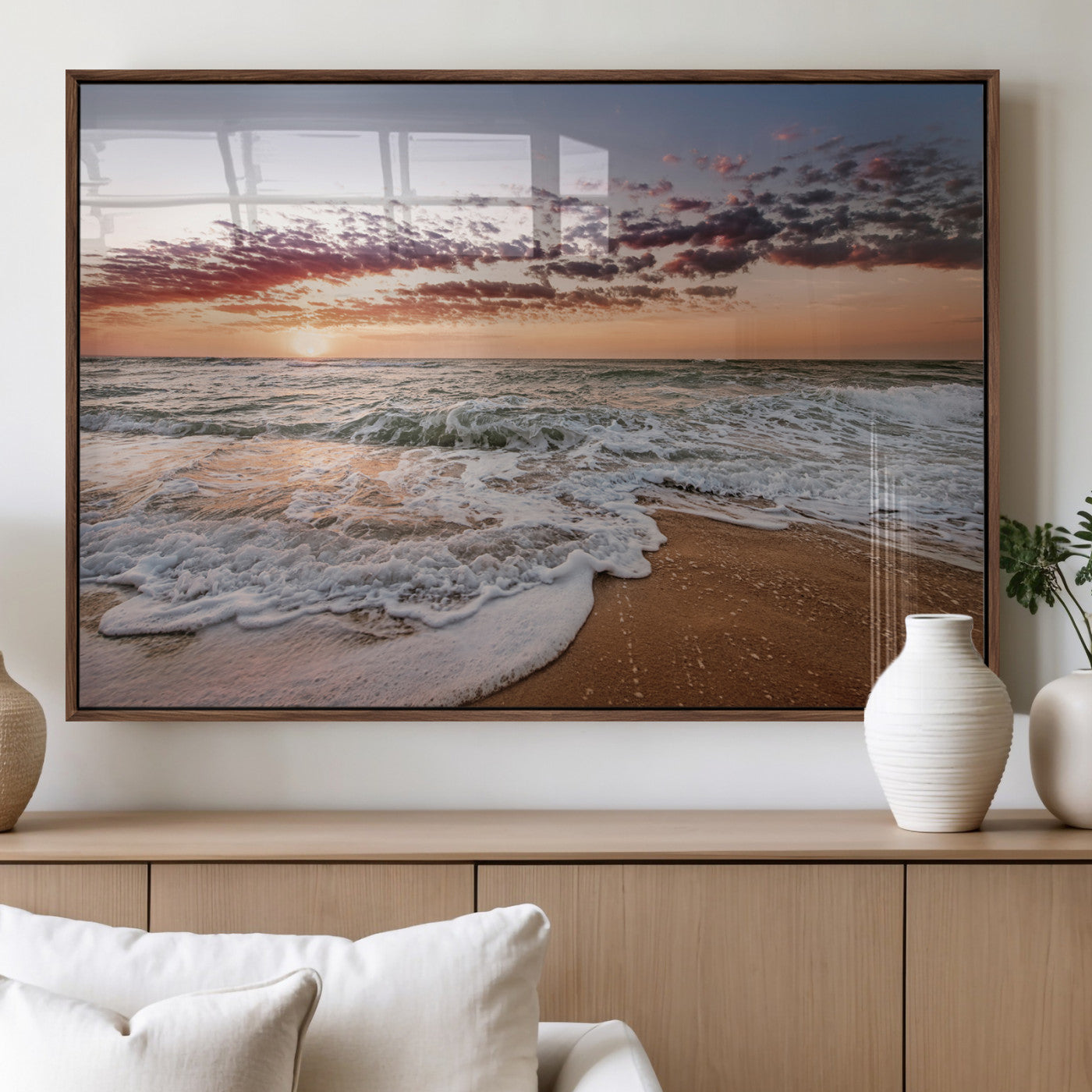 Canvas of a sunset over a foamy ocean shore with warm light and gentle waves, ideal for coastal or beach-themed home decor.
