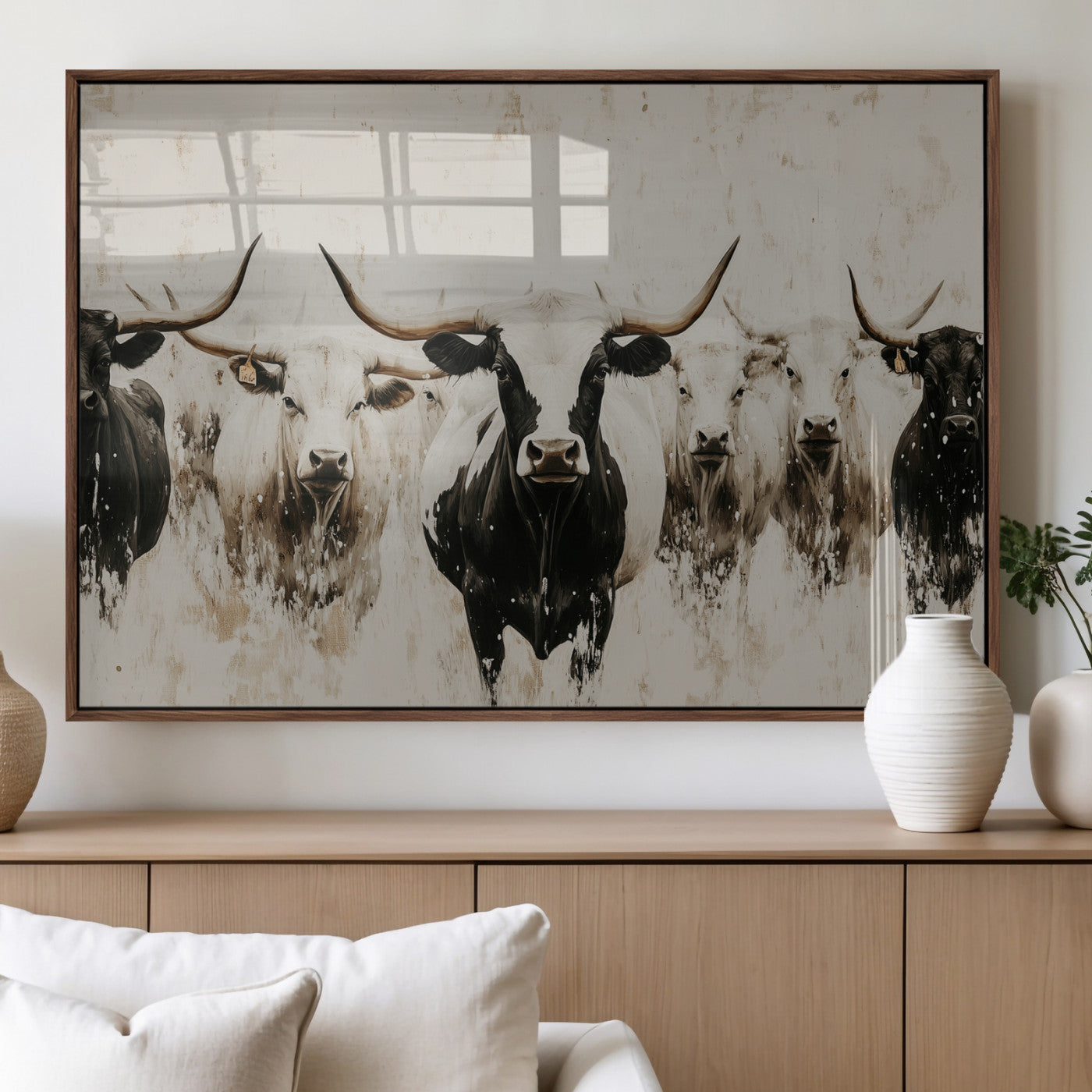 Illustrated herd of longhorn cattle in black and white tones with a neutral textured background, perfect for rustic or farmhouse-style decor.