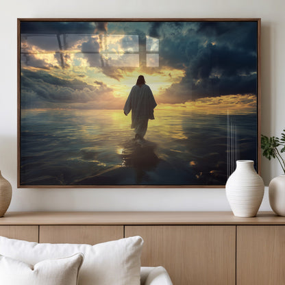 Spiritual artwork of Jesus walking on water at golden hour with divine light, ideal for Christian home decor or prayer room.