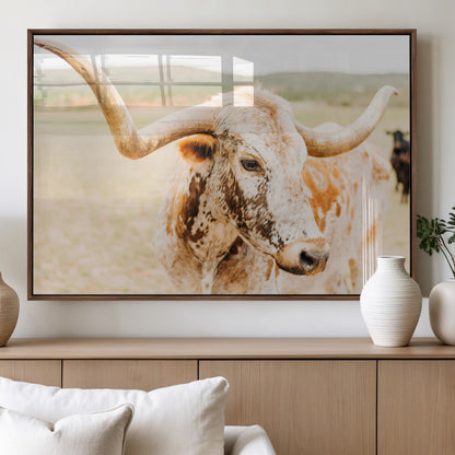 Close-up of a speckled Texas Longhorn in warm prairie tones, perfect for rustic western or countryside-themed room decor.