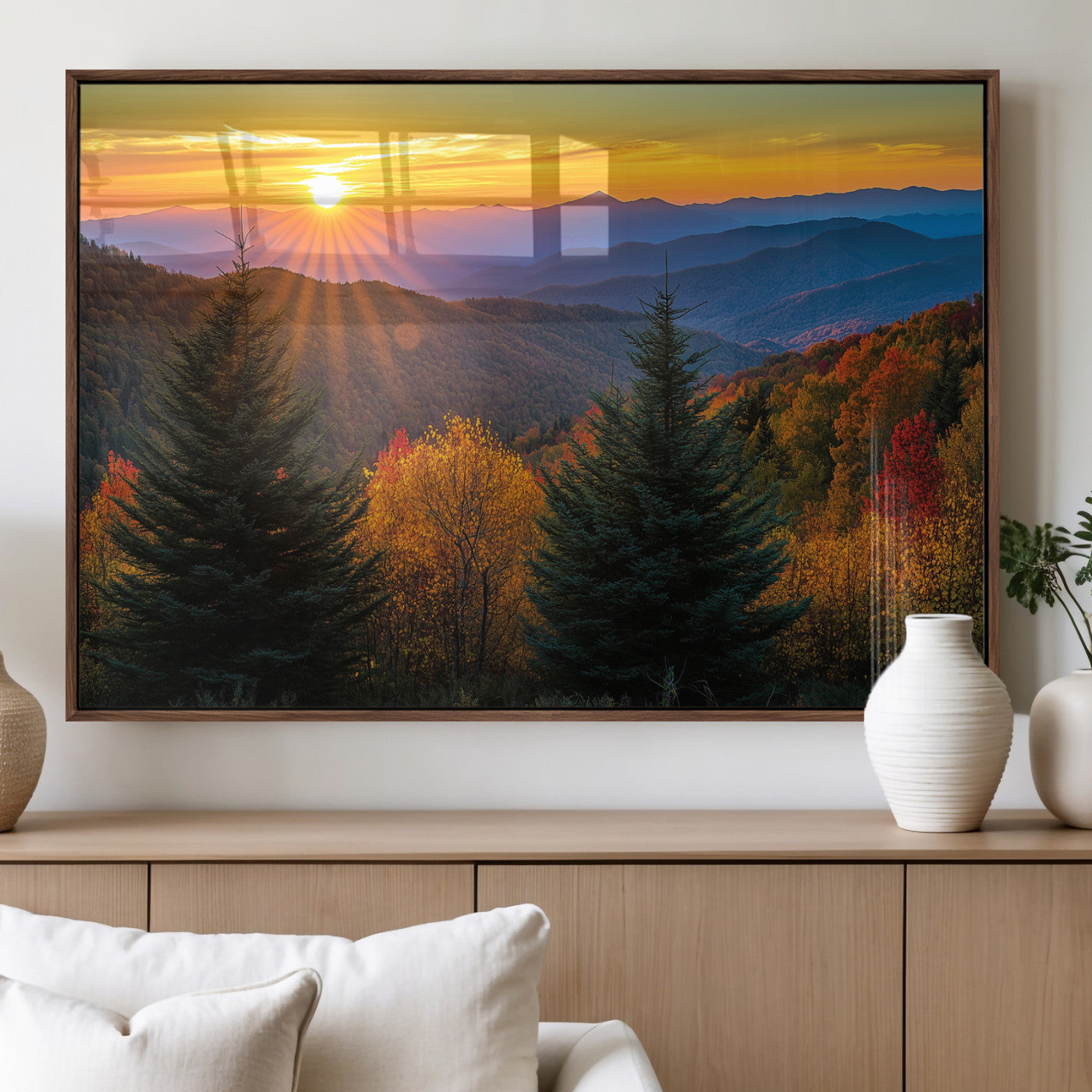 Vibrant sunset over autumn mountains with colorful trees and warm light, ideal for nature lovers or cabin-style wall decor.
