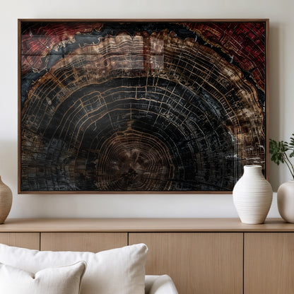Dark Wood Wall Art Print - Petrified Tree Canvas Print, featuring an intricate tree ring pattern with deep earthy tones and organic textures, perfect for rustic and nature-inspired decor.