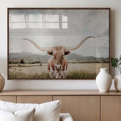 Longhorn Wall Art Print - Western Cow Canvas Print, featuring a majestic Texas longhorn in a rustic prairie setting, perfect for farmhouse and western decor.