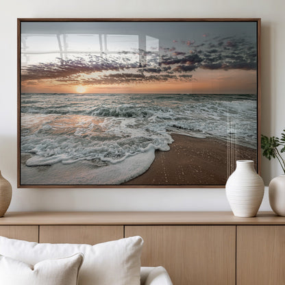 Ocean Sunset Wall Art Print - Beach Waves Canvas Print, featuring a serene seascape with golden sunlight reflecting on gentle waves, perfect for coastal and minimalist decor.