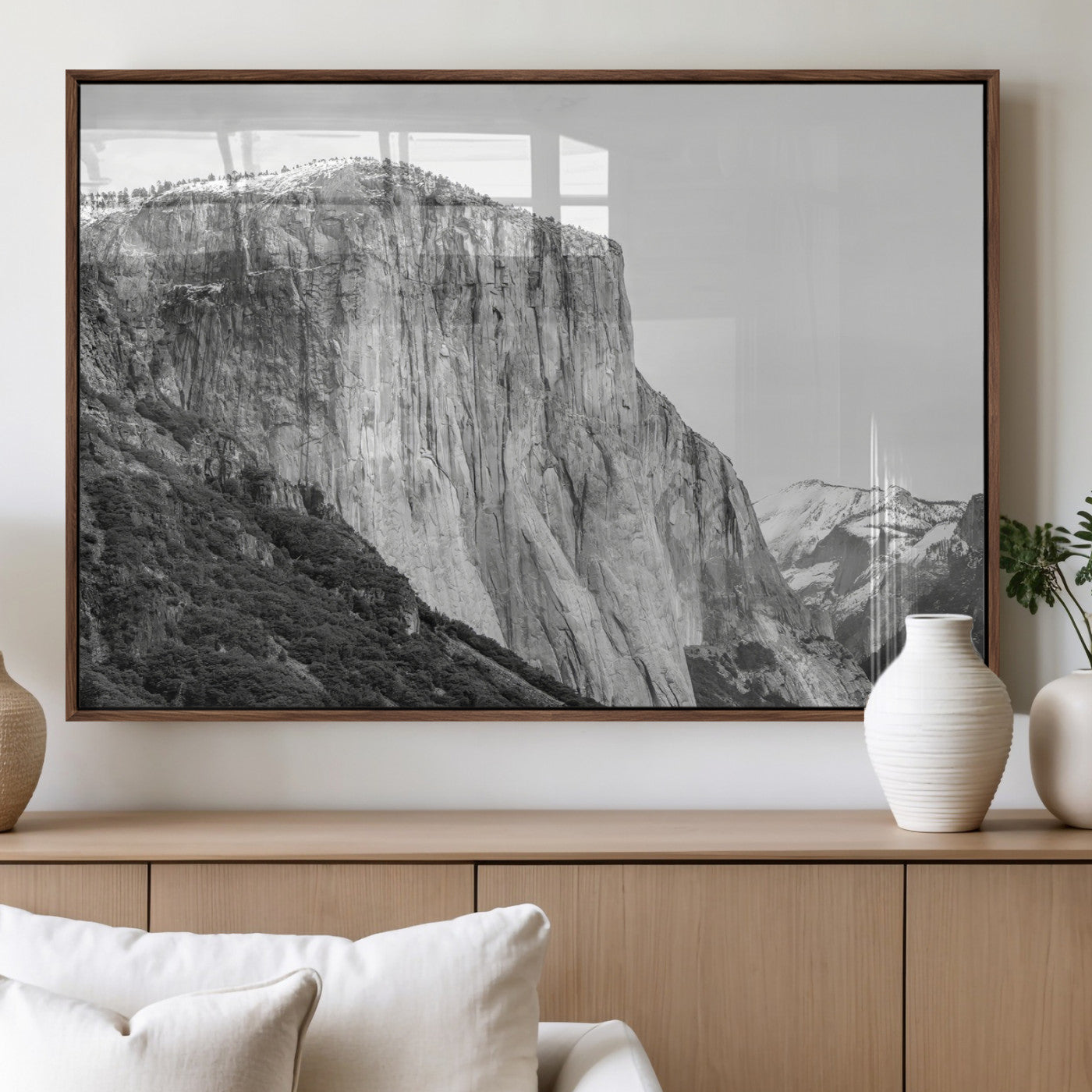Monochrome canvas of El Capitan’s granite wall in Yosemite with snowy peaks, ideal for dramatic mountain or black-and-white nature decor.
