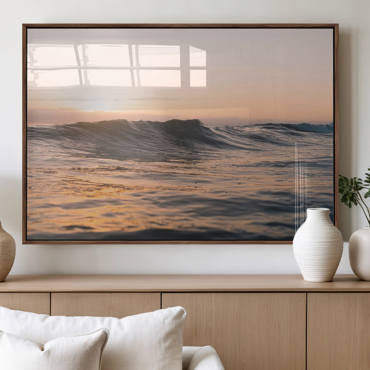 Framed canvas of ocean waves glowing in sunset light, ideal for golden hour calm or peaceful coastal-inspired wall decor.