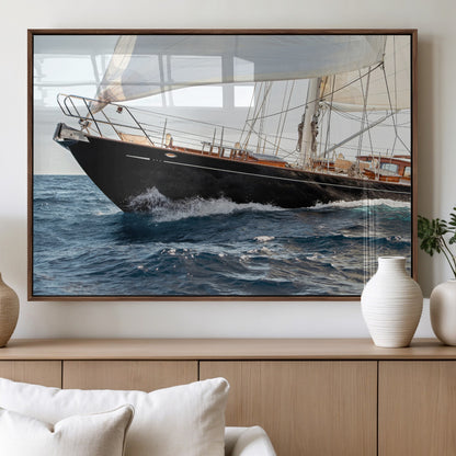 Close-up of a classic sailing yacht with wooden deck and full sails, perfect for nautical or coastal-style decor in ocean-themed spaces.