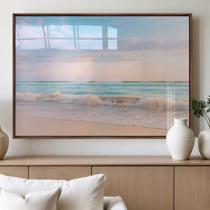 Pastel-toned ocean waves under soft sunset skies, ideal for pastel coastal or serene beach-style home decor.