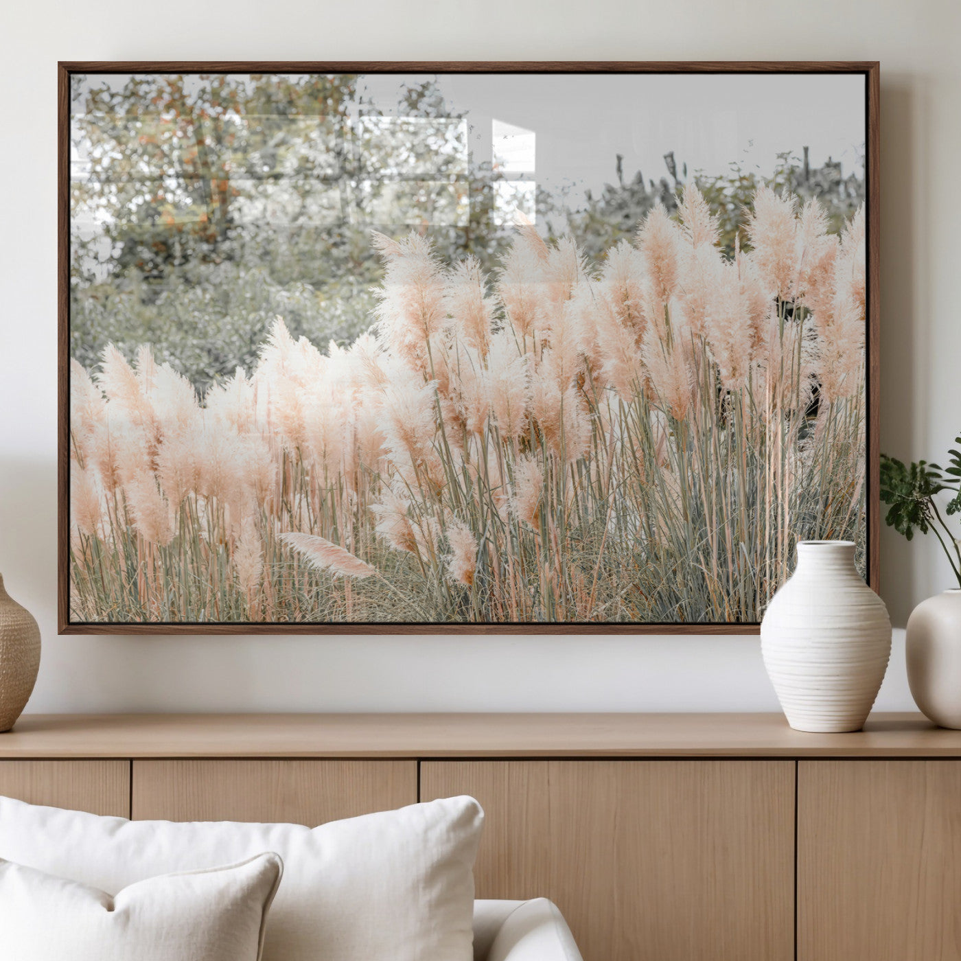 Soft pastel pampas grasses in a natural setting, ideal for neutral boho or rustic botanical-style interior wall decoration.