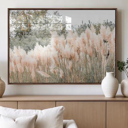 Soft pastel pampas grasses in a natural setting, ideal for neutral boho or rustic botanical-style interior wall decoration.
