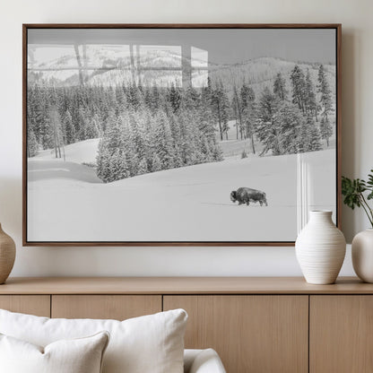 Snowy bison walking through white forest landscape, ideal for monochrome winter or wilderness-style interior wall decoration.