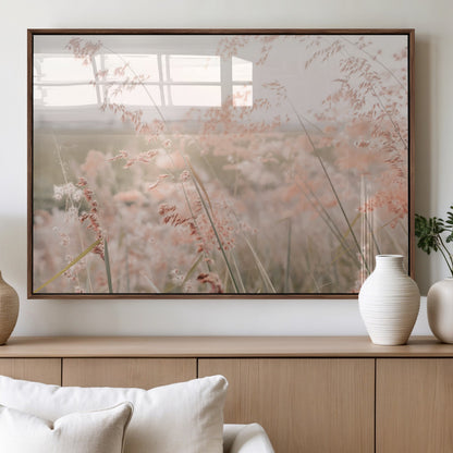 Soft pastel field with wild grasses in warm light, ideal for minimal nature or airy countryside-inspired interior wall decoration.