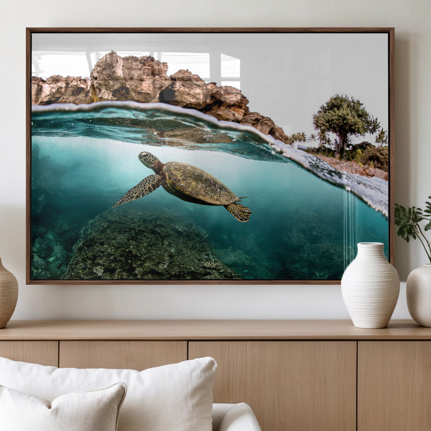 Dynamic split-view photo of a sea turtle swimming near rocky shores, perfect for vibrant coastal or tropical beach home decor.