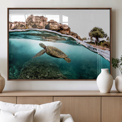 Dynamic split-view photo of a sea turtle swimming near rocky shores, perfect for vibrant coastal or tropical beach home decor.