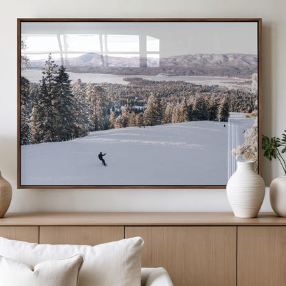 Canvas of a snowy mountain ski slope with pine trees and bright winter light, ideal for modern rustic or alpine-inspired home decor.