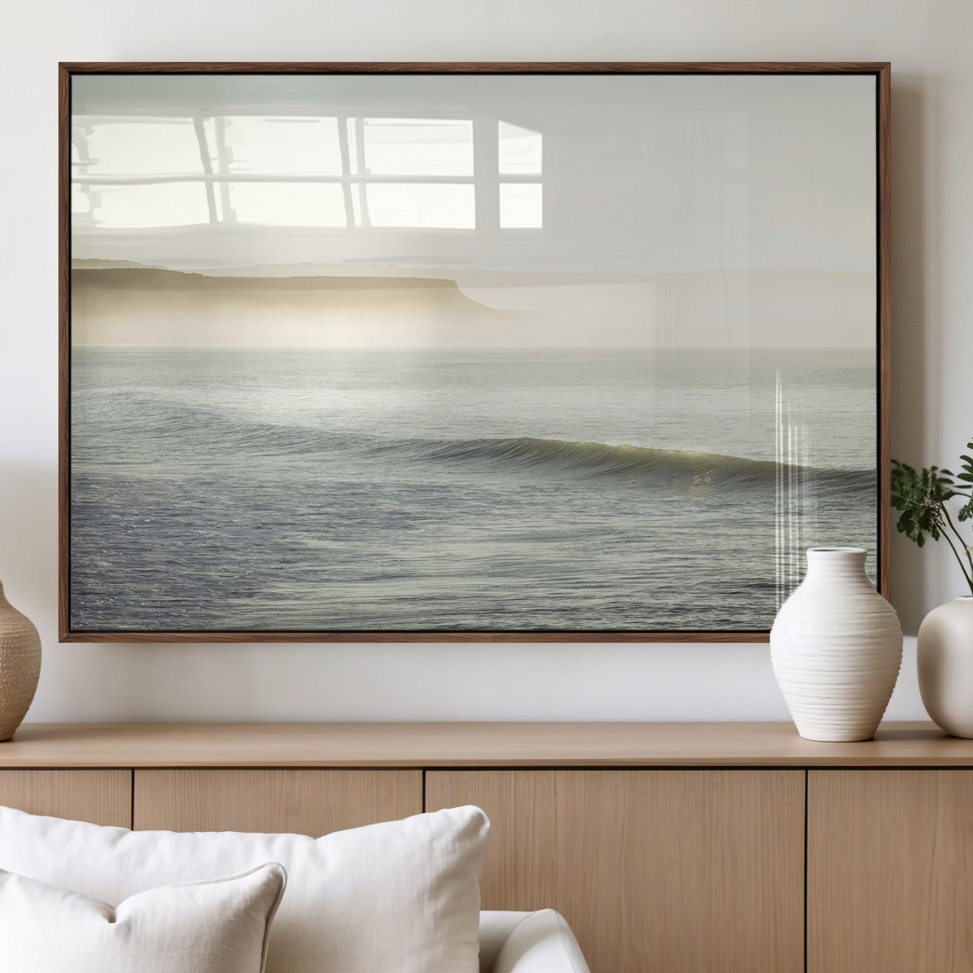 Canvas of a misty ocean scene with coastal cliffs and soft neutral tones, ideal for Scandinavian coastal or minimalist nature-inspired home decor.