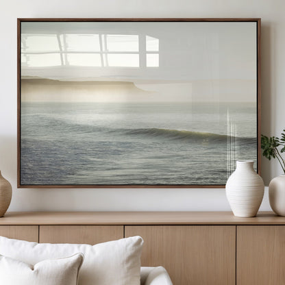 Canvas of a misty ocean scene with coastal cliffs and soft neutral tones, ideal for Scandinavian coastal or minimalist nature-inspired home decor.