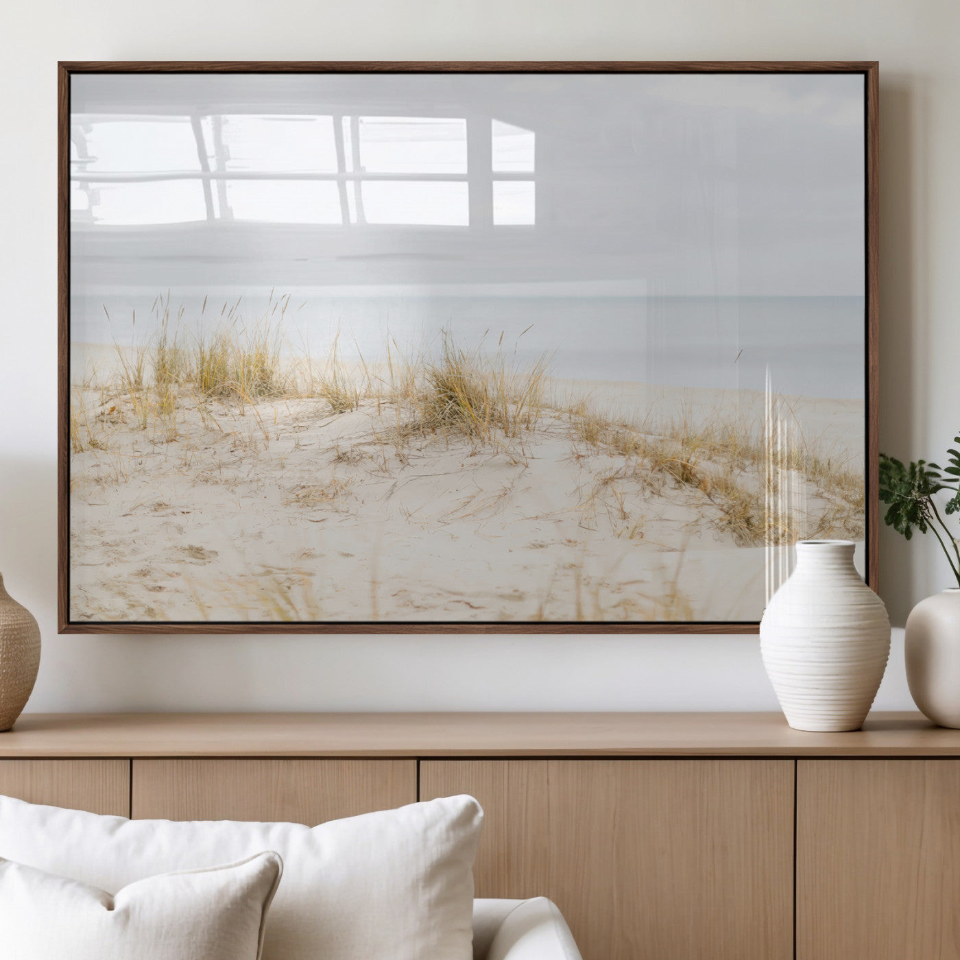 Canvas of soft beach dunes and coastal grasses in neutral tones, perfect for Scandinavian coastal or minimalist nature-inspired home decor.   2/2