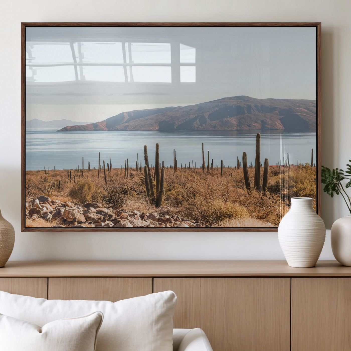 Warm desert landscape with cacti and coastal mountains, perfect for southwestern or earthy calm-themed home wall decor.