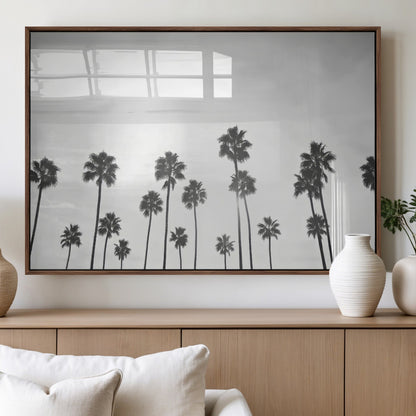 A black and white minimalist scene featuring tall palm trees silhouetted against a bright sky, creating a dreamy and timeless tropical aesthetic.