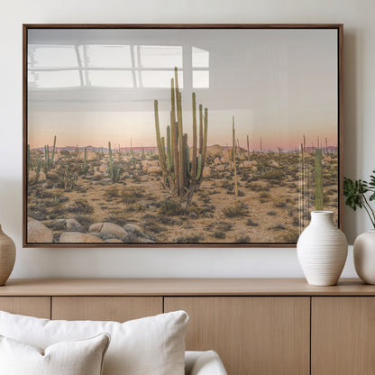 Canvas of tall desert cacti in warm sunset tones over a rocky Baja landscape, ideal for earthy or Southwestern-style home decor.