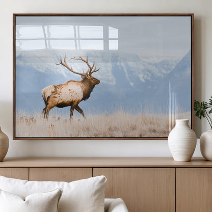 An elk walking on snowy grassland with majestic mountains in the background, ideal for rustic lodge or cabin wall decor.