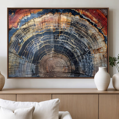 Vibrant tree ring with orange, brown, and blue tones in abstract detail, perfect for rustic or boho-inspired wall decor.