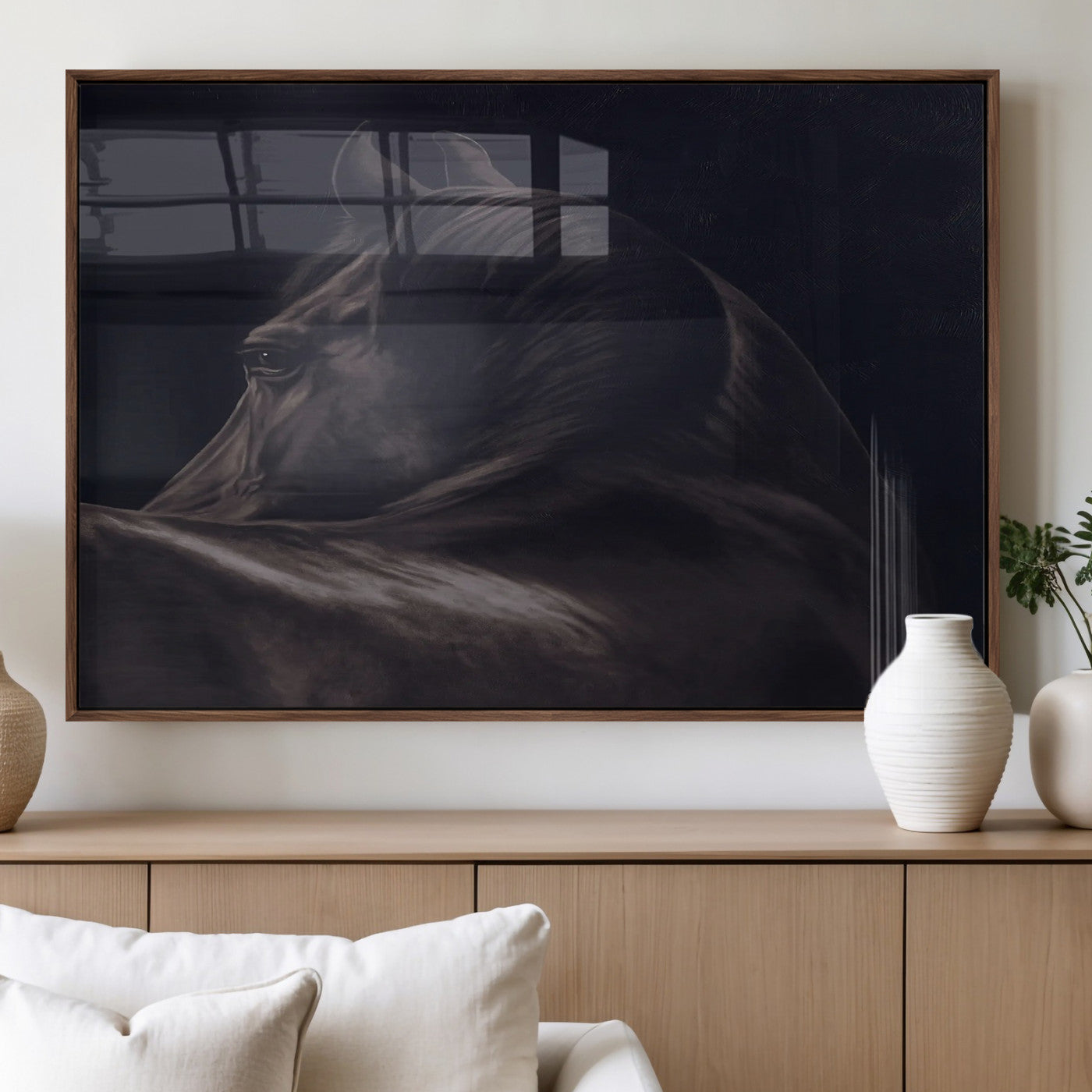 Close-up of a black horse with dramatic lighting on a dark background, perfect for rustic or masculine home decor.